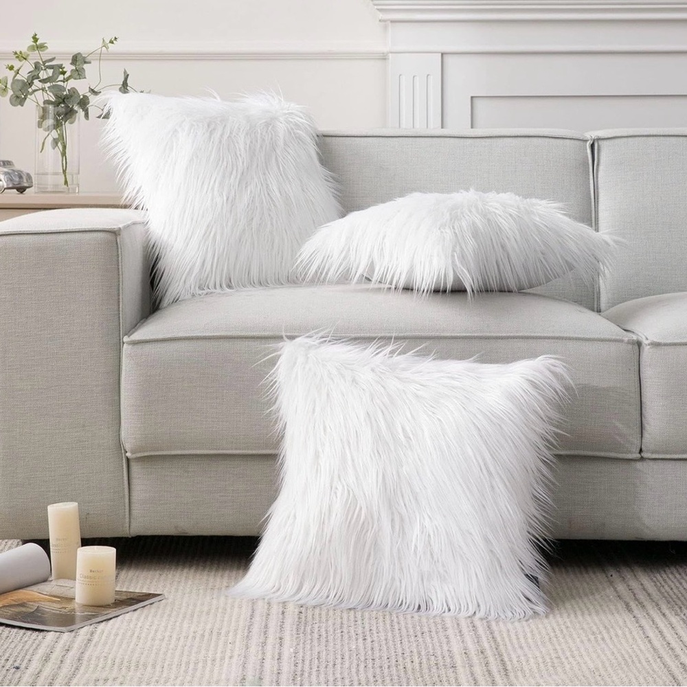 White Faux Fur Decorative Covers for Throw Pillows - Set of 2